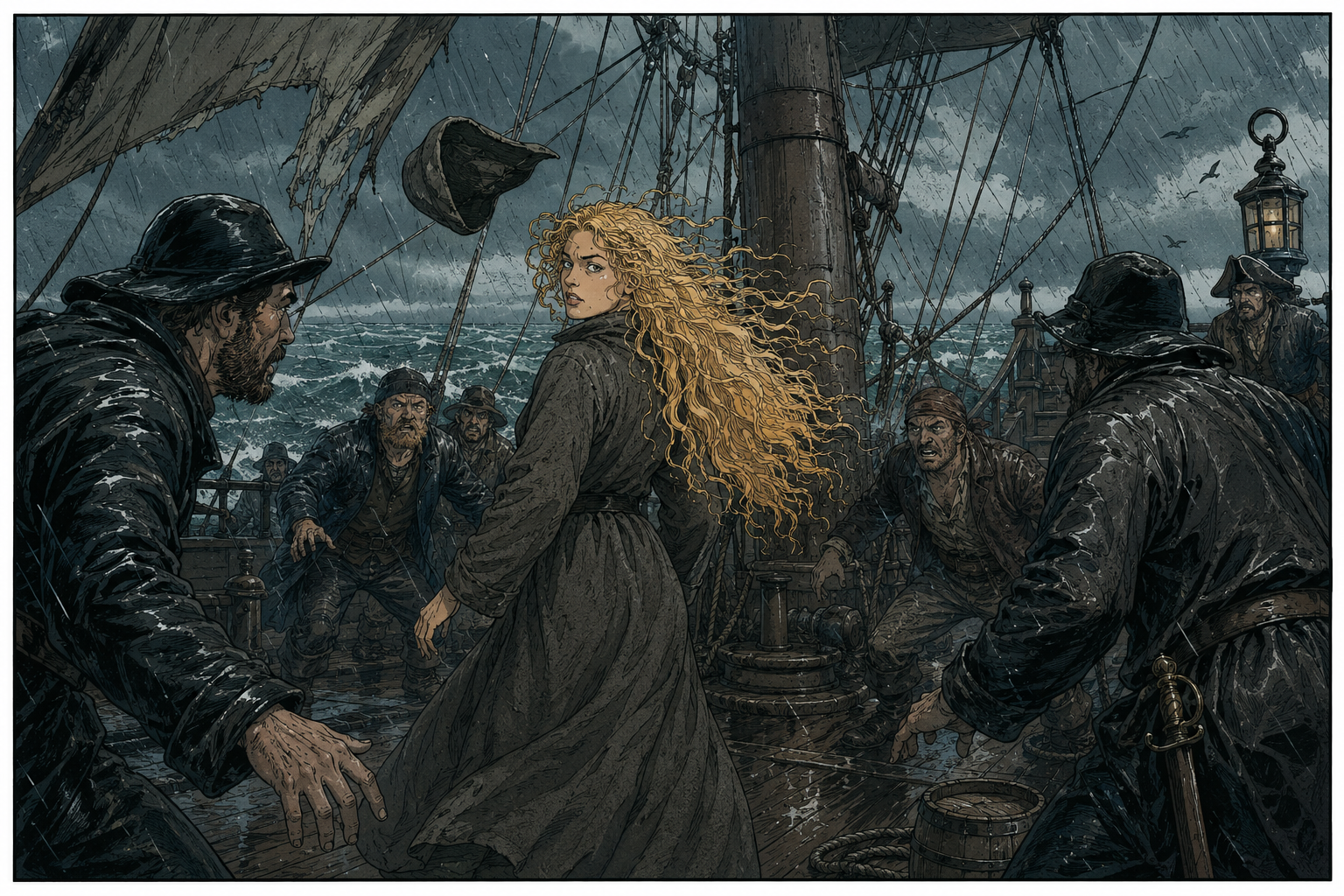 Panel 1 — the gust, the curls, the discovery
